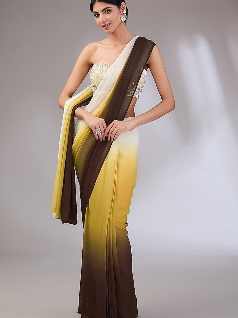 Elegant Ombre Yellow and Brown Saree Dress